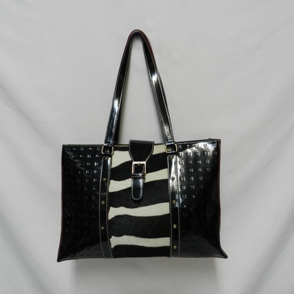 ARCADIA Patent Leather w/ Giraffe pony hair fur Large tote bag purse Italy studs - Picture 3 of 13